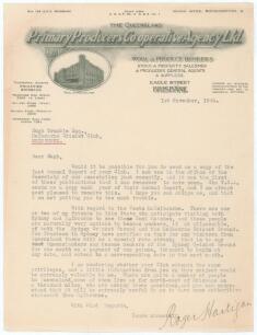 Michael Joseph &lsquo;Roger&rsquo; Hartigan. New South Wales, Queensland & Australia 1903-1921. Single page typed letter from Hartigan to Hugh Trumble (Victoria & Australia 1887-1904) on the official letterhead of &lsquo;The Queensland Primary Producers Co-operative Agency