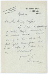 Hon. Ivo Francis Walter Bligh, 8th Earl of Darnley. Cambridge University, Kent & England 1877-1883. Single page handwritten letter on Cobham Hall headed paper dated 25th April 1911. Bligh is replying to F.S. Ashley-Cooper for a request for cricket records