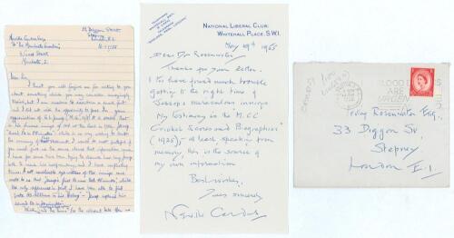 Neville Cardus and Irving Rosenwater, 1955. Two handwritten letters. The first, from Rosenwater to Cardus, dated 16th May 1955 and written on two sides of small ruled note paper, refers to Cardus&rsquo; appreciation of Gilbert Jessop. Rosenwater asks for the so