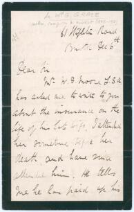 William Gilbert Grace. Gloucestershire & England 1865-1908. Three page handwritten letter, on black bordered &lsquo;In Memoriam&rsquo; style paper from Grace, dated 6th December [c.1880]. Grace is writing in his capacity as a doctor to an insurance company regarding 