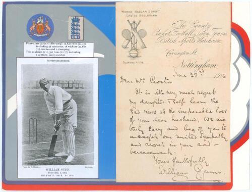 William Gunn. Nottinghamshire & England 1880-1904. Single page handwritten letter from Gunn, dated 23rd June 1916. Written on official letterhead for &lsquo;The County Cricket, Football, Lawn Tennis and British Sports Warehouse, Carrington St., Nottingham&rsquo;, Gun