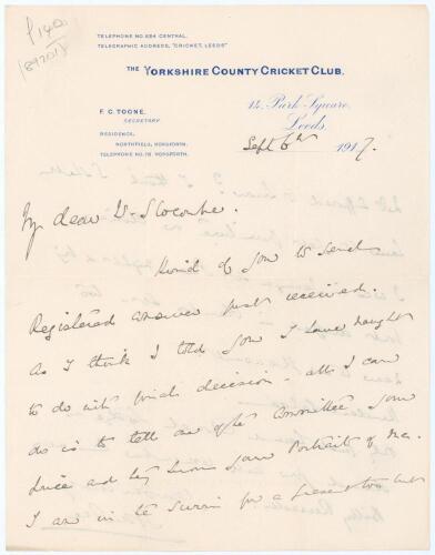 Lord Martin Bladen Hawke, Yorkshire & England 1881-1911. A two page handwritten letter in ink from Lord Hawke, who was Captain of Yorkshire for many years, to Shirley Slocombe, the (male) artist who was commissioned in 1903 to paint Hawke&rsquo;s portrait. Date