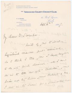 Lord Martin Bladen Hawke, Yorkshire & England 1881-1911. A two page handwritten letter in ink from Lord Hawke, who was Captain of Yorkshire for many years, to Shirley Slocombe, the (male) artist who was commissioned in 1903 to paint Hawke&rsquo;s portrait. Date