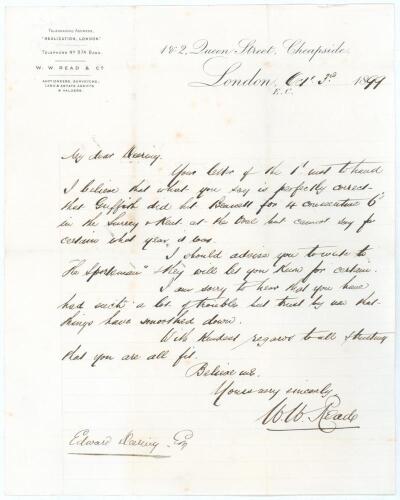 Walter William Read. Surrey & England 1873-1897. Single page handwritten letter in black ink on the official business letterhead of Read&rsquo;s firm of auctioneers, surveyors and land agents. Dated 3rd October 1899, Read is writing to a Mr. Edward Deering conf