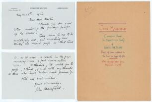 John Masefield. Poet Laureate 1930-1967. &lsquo;Eighty Five To Win&rsquo;. Two page handwritten letter in ink from Masefield, written on both sides of his &lsquo;Burcote Brook, Abingdon&rsquo; headed note paper. Dated &lsquo;May the 25th 1956&rsquo;, Masefield is writing to a Mrs Martin at 