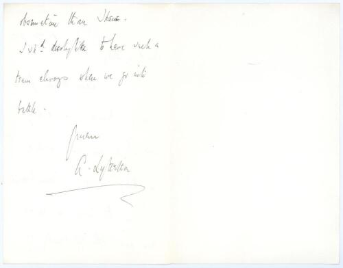 Alfred Lyttelton. Cambridge University, Middlesex & England 1876-1887. Two page handwritten letter on House of Commons note paper from Lyttelton to &lsquo;My dear Billy&rsquo;, dated 6th February 1913. Very nicely signed &lsquo;A. Lyttelton&rsquo;. Very good condition.