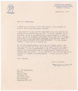 Vijaysingh Madhavji Merchant. Hindus, Bombay & India 1929-1952. Single page typed letter from Merchant to P.N. Sundaresan, Editor of &lsquo;Sports Cine&rsquo;. Dated 21st October 1975 on his personal letterhead, Merchant states he is unable to contribute an article a