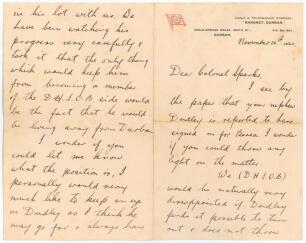 Ivan Julian &lsquo;Jack&rsquo; Siedle. Natal & South Africa 1922-1937. Three page handwritten letter in ink from Siedle, written on Anglo-African House, Durban letterhead, dated 10th November 1932. The letter, with original envelope, is addressed to Colonel Harry Spa