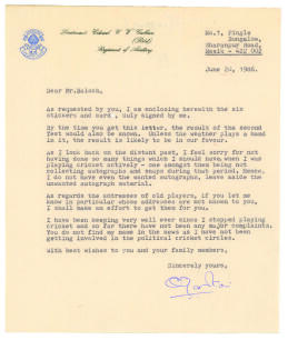 Lieutenant Colonel Chandrasekhar Vaman Gadkari (Retd). Regiment of Artillery (Maharashtra, Services and India, six Test matches, 1953-1955). Typewritten letter, dated 20th June 1986, on personal printed letterhead to a cricket collector regarding a reque