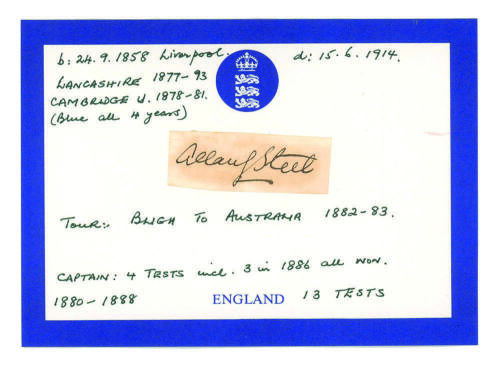 Allan Gibson Steel. Lancashire, Cambridge University & England, 1877-1893. Ink signature of Steel on piece laid down to larger white card with short biography handwritten to the card. Some age toning, good