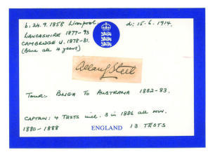 Allan Gibson Steel. Lancashire, Cambridge University & England, 1877-1893. Ink signature of Steel on piece laid down to larger white card with short biography handwritten to the card. Some age toning, good