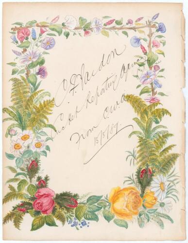 Charles William Alcock. M.C.C., 1 match 1862. Large page with ornate watercolour border of flowers and ferns, boldly inscribed in ink &lsquo;C.F. Pardon. Cricket Reporting Agency from C.W.A. 15/5/[18]89&rsquo;. The page measures 8.5&rdquo;x11&rdquo;. Some wear to right edge wher