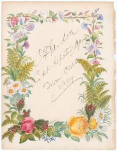 Charles William Alcock. M.C.C., 1 match 1862. Large page with ornate watercolour border of flowers and ferns, boldly inscribed in ink &lsquo;C.F. Pardon. Cricket Reporting Agency from C.W.A. 15/5/[18]89&rsquo;. The page measures 8.5&rdquo;x11&rdquo;. Some wear to right edge wher