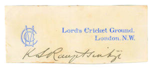 Kumar Shri Ranjitsinhji. Sussex & England. 1895-1920. Excellent ink signature of Ranjitsinhji on trimmed &lsquo;Lord&rsquo;s Cricket Ground, London&rsquo; headed paper, laid down. Good condition