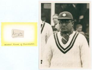 India. Maharajkumar Kumar of Vizianagram &lsquo;Vizzy&rsquo;. Very nice signature in ink of Vizzy on piece laid down to card. Sold with a mono press photograph of Vizzy, head and shoulders in cricket attire and India cap. 6.5&rdquo;x8.5&rdquo;. Central Press Photos, London. Very