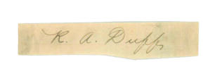 Reginald Alexander Duff. New South Wales & Australia 1898-1908. Pencil signature of Duff on paper piece, laid down. Slight soiling, good condition