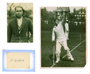 Kumar Shri Duleepsinhji. Sussex, Cambridge University & England 1924-1932. Excellent ink signature of Duleepsinhji on white card. The card is mounted with a mono half length real photograph postcard of Duleepsinhji wearing England blazer and cricket attir