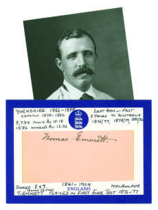 Thomas (Tom) Emmett, Yorkshire & England, 1866-1888. Excellent ink signature of Emmett on paper piece laid down to larger white card with handwritten biography. Sold with a sepia copy photograph of the player.