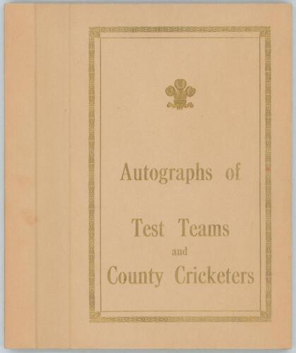 Thomas Henry Clark&rsquo;s Benefit Year 1961. &lsquo;Autographs of Test Teams and County Cricketers&rsquo;. Hardback album produced by Surrey C.C.C. for Clark&rsquo;s Benefit Year, with gold lettering and decoration to front board, biography and mono photograph of Clark to intro