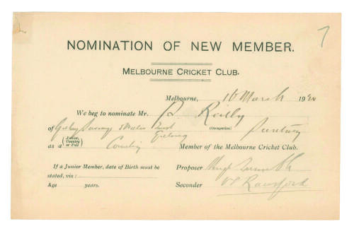 Hugh Trumble. Victoria & Australia 1887-1904 and Vernon Ransford. Victoria & Australia 1903-1928. &lsquo;Melbourne Cricket Club. Nomination of new member&rsquo;. Original printed membership form for a Mr P. Reilly dated 16th March 1920 [?] very nicely signed in ink b