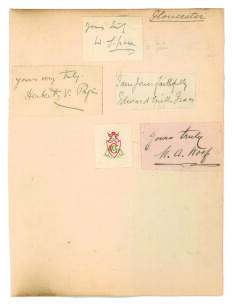 Gloucestershire. Large card page taken from a scrapbook with title &lsquo;Gloucester&rsquo; to top edge with the ink signatures of four Gloucestershire players on pieces and laid down to the page. The signatures are William Gilbert Grace. Gloucestershire & England 18
