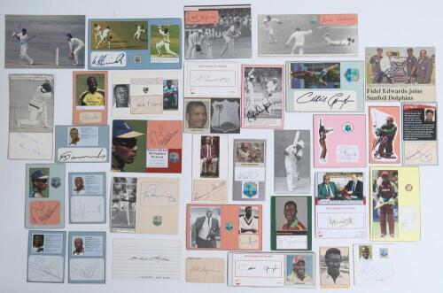 West Indies Test cricketers 1950s-2000s. A large selection of over one hundred and twenty signatures of West Indies Test cricketers, mainly modern, signed to cards of various sizes or on pieces laid down, the majority with accompanying cutting image of th