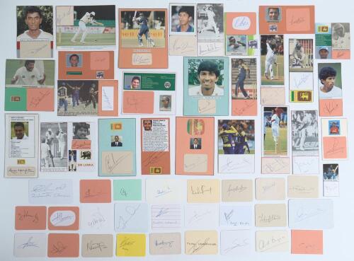 Sri Lanka cricketers 1970s-2020s. A large selection of over one hundred and thirty signatures of international Sri Lankan cricketers signed to plain cards of various sizes or on pieces laid down with accompanying cutting image of the featured player. From