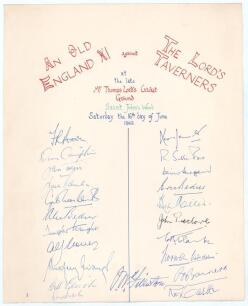 Old England v Lord&rsquo;s Taverners 1962. Large white card with handprinted titles, &lsquo;An Old England XI against The Lord&rsquo;s Taverners at the late Mr. Thomas Lord&rsquo;s Cricket Ground, Saint John&rsquo;s Wood, Saturday the 16th day of June 1962&rsquo; in different coloured inks.