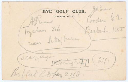 Test and first-class cricketers&rsquo; signatures. Blank postcard with heading &lsquo;Rye Golf Club&rsquo;, signed in pencil to both sides by eight cricketers accompanied by their telephone number(s). The signatures, assumed to have collected at a golf day, are A.J. Evans,