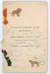 M.C.C. tour to India 1926/27. Official menu for the dinner given by the Calcutta Cricket Club to the M.C.C. touring team on 30th December 1926. The four page menu with card wrappers, ribbon ties in M.C.C. and Calcutta Club colours, with raised colour moti
