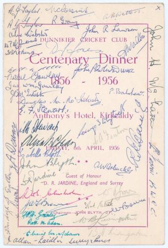 &lsquo;Dunnikier Cricket Club Centenary Dinner 1856-1956&rsquo;. Original folding menu for the dinner held at Anthony&rsquo;s Hotel, Kirkcaldy, 6th April 1956. The front cover is signed by the Guest of Honour, Douglas Jardine, surrounded by the signatures in different colo