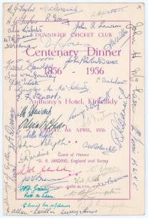&lsquo;Dunnikier Cricket Club Centenary Dinner 1856-1956&rsquo;. Original folding menu for the dinner held at Anthony&rsquo;s Hotel, Kirkcaldy, 6th April 1956. The front cover is signed by the Guest of Honour, Douglas Jardine, surrounded by the signatures in different colo