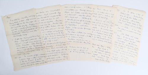 Charles Burgess Fry. Oxford University, Sussex, Hampshire, Europeans & England 1892-1922. Original five page handwritten manuscript written in ink, unsigned but in Fry&rsquo;s own hand on foolscap paper. Titled &lsquo;Memo&rsquo;, Fry covers aspects of his cricketing life 