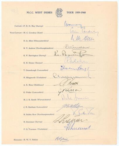 M.C.C. tour to West Indies 1959/60. Official autograph sheet with printed title and players&rsquo; names, fully signed in ink by all sixteen listed members of the M.C.C. touring party. Signatures are May (Captain), Cowdrey, Allen, Andrew, Barrington, Dexter, Gr