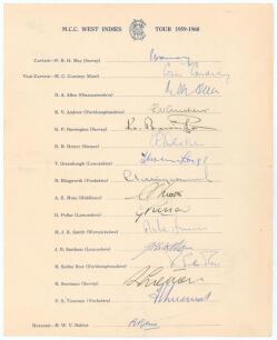 M.C.C. tour to West Indies 1959/60. Official autograph sheet with printed title and players&rsquo; names, fully signed in ink by all sixteen listed members of the M.C.C. touring party. Signatures are May (Captain), Cowdrey, Allen, Andrew, Barrington, Dexter, Gr