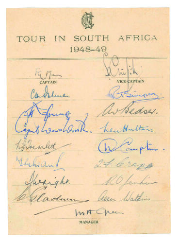 M.C.C. tour of South Africa 1948/49. Official autograph sheet fully signed in ink by all seventeen members of the touring party including the Manager, Green. Players&rsquo; signatures are Mann (Captain), Griffith, Palmer, Hutton, Washbrook, Evans, Tremlett, Gla