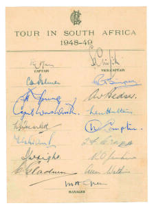 M.C.C. tour of South Africa 1948/49. Official autograph sheet fully signed in ink by all seventeen members of the touring party including the Manager, Green. Players&rsquo; signatures are Mann (Captain), Griffith, Palmer, Hutton, Washbrook, Evans, Tremlett, Gla