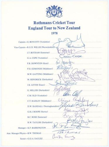 &lsquo;Rothmans Cricket Tour. England Tour to New Zealand 1978&rsquo;. Official autograph sheet with Rothmans emblem, printed title and players&rsquo; names, fully signed in ink by all nineteen listed members of the England touring party. Players&rsquo; signatures are Boycott (C