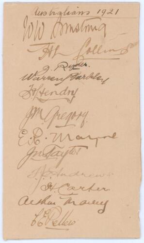 Australia tour to England 1921. Album page laid to trimmed card, nicely signed in black ink by twelve members of the Australian touring party. Handwritten title &lsquo;Australians 1921&rsquo;. Signatures are Armstrong (Captain), Collins, Ryder, Bardsley, Hendry, Greg