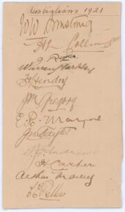 Australia tour to England 1921. Album page laid to trimmed card, nicely signed in black ink by twelve members of the Australian touring party. Handwritten title &lsquo;Australians 1921&rsquo;. Signatures are Armstrong (Captain), Collins, Ryder, Bardsley, Hendry, Greg