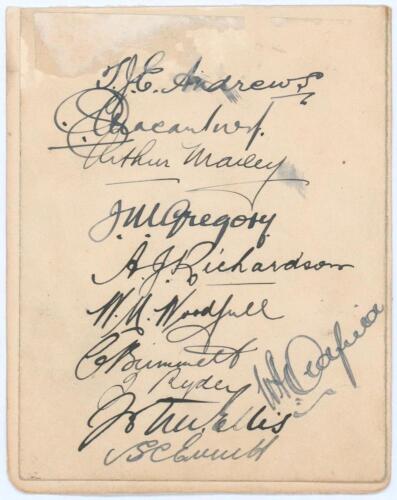 Australia tour to England 1926. Small album page nicely signed in ink by eleven members of the Australian touring party. Signatures are Andrews, Macartney, Mailey, Gregory, Richardson, Woodfull, Grimmett, Ryder, Ellis, Everett and Oldfield. The page laid 