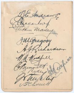 Australia tour to England 1926. Small album page nicely signed in ink by eleven members of the Australian touring party. Signatures are Andrews, Macartney, Mailey, Gregory, Richardson, Woodfull, Grimmett, Ryder, Ellis, Everett and Oldfield. The page laid 