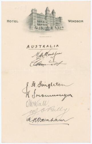 Bodyline. Australia v England 1932/33. Page on Hotel Windsor, Melbourne headed paper, nicely signed in black ink by seven Australian players, six of whom played in the 2nd Test at Melbourne, 30th December 1932- 3rd January 1933. Signatures are Armstrong (