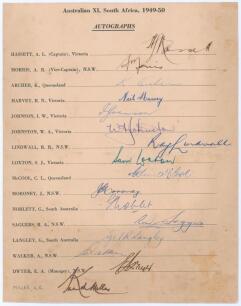 Australia tour to South Africa 1949/50. &lsquo;Australian XI, South Africa, 1949-50&rsquo;. Official autograph sheet with printed title and players&rsquo; names, fully signed in different coloured inks by all sixteen listed members of the Australian touring party. Signatur
