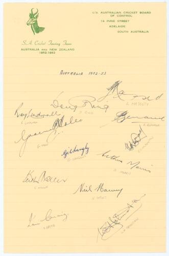 Australia v South Africa 1952/53. Ruled page on official &lsquo;South Africa Touring Team&rsquo; headed paper, nicely signed in black ink by twelve members of the Australian team who took part in the 2nd, 3rd and 4th Tests of the 1952/53 Test series in Australia. Sig