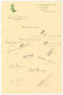 Australia v South Africa 1952/53. Ruled page on official &lsquo;South Africa Touring Team&rsquo; headed paper, nicely signed in black ink by twelve members of the Australian team who took part in the 2nd, 3rd and 4th Tests of the 1952/53 Test series in Australia. Sig
