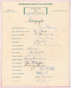 Australia tour to South Africa 1957/58. Official Australian Board of Control for International Cricket autograph sheet with printed title and players&rsquo; names, fully signed in black and blue inks by all sixteen listed members of the Australian touring party