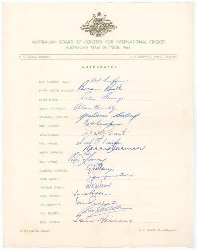 Australia tour to England 1964. Official Australian Board of Control for International Cricket autograph sheet with printed title and players&rsquo; names, fully signed in ink by all seventeen listed playing members of the Australian touring party. Signatures a