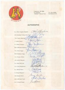 Australia &lsquo;Rebel&rsquo; tour to South Africa 1985/86. Official autograph sheet with &lsquo;SA Tour 85/87&rsquo; emblem and printed players&rsquo; names, fully signed in ink by all seventeen listed members of the Australian touring party. Signatures are Hughes (Captain), Yallop, 