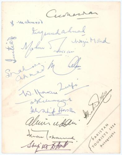Pakistan first official tour to England 1954. Autograph card with printed title &lsquo;Pakistan Tourists 1954 Autographs&rsquo; to lower right corner. The card nicely signed in ink by fifteen members of the Pakistan touring party. Signatures include A.H. Kardar (Capt